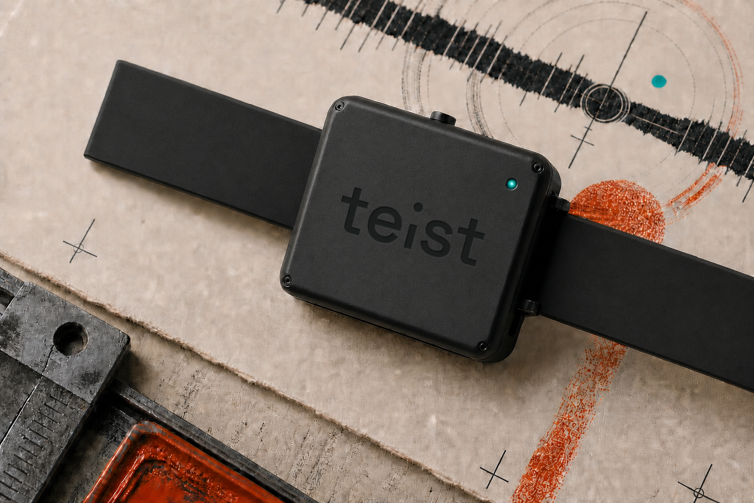 The finished Teist wearable on a printmaker's inspection table