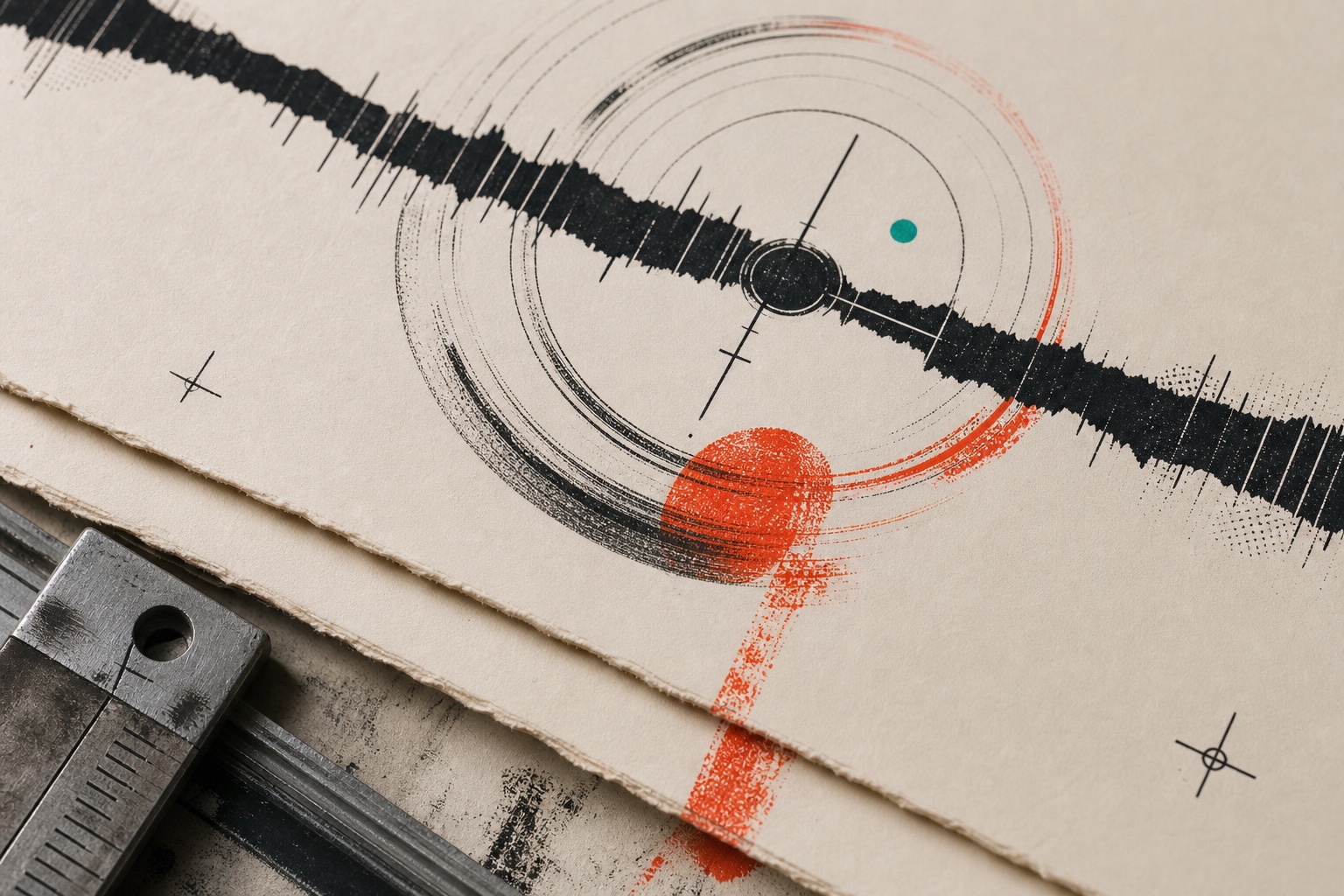 A physical print proof built from a waveform and registration marks